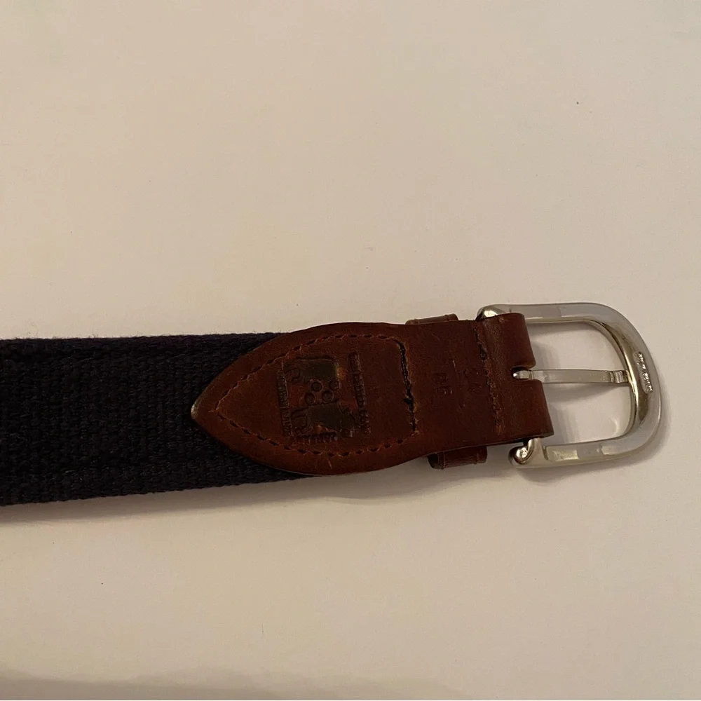 THE BELTED COW BELT BLUE CANVAS RED CHILI PEPPER BROWN LEATHER SIZE 34 USA
